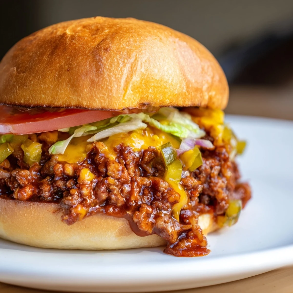 Saucy Smash Burger Sloppy Joes topped with pickles lettuce and melted cheddar