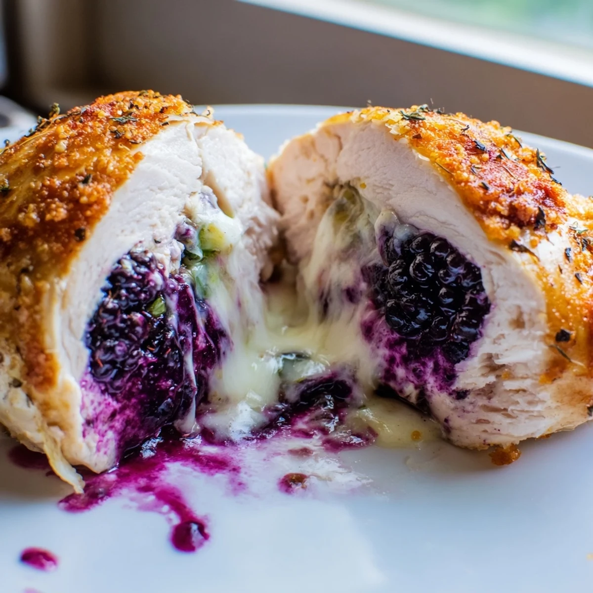 Golden baked Melty Blackberry Jalapeno Stuffed Chicken oozing with creamy purple filling on a rustic dish