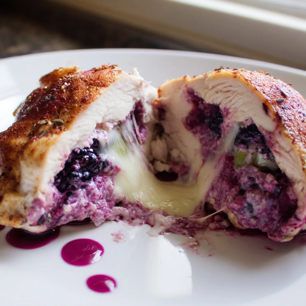 Juicy Melty Blackberry Jalapeno Stuffed Chicken sliced open revealing melted cream cheese and bright berry filling