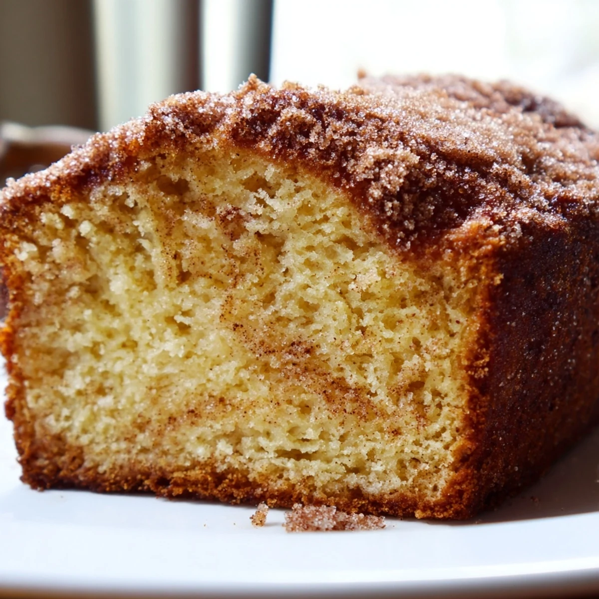 Warm cinnamon donut loaf sliced thick with a golden buttery cinnamon sugar crust