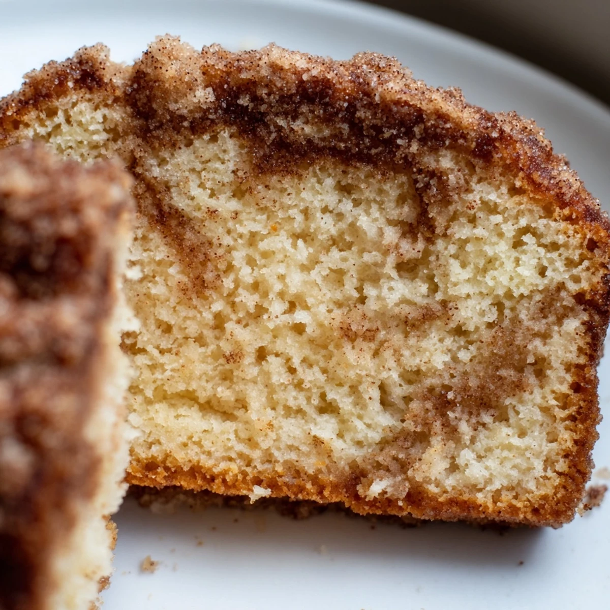 Thick slice of cinnamon donut loaf beside a steaming mug of coffee