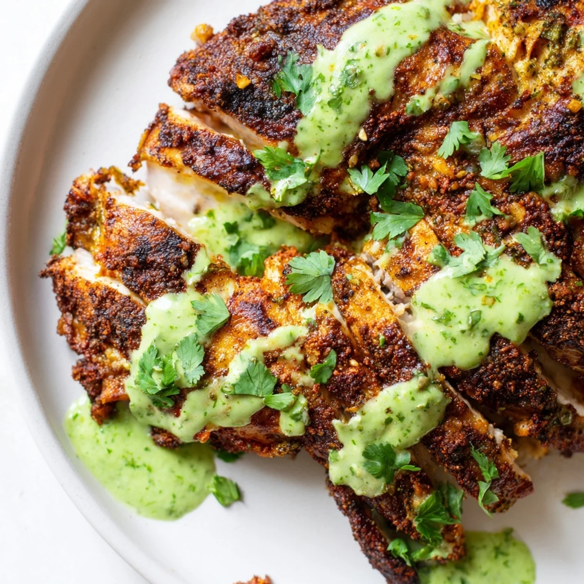 Juicy sliced Peruvian chicken drizzled with vibrant creamy cilantro green sauce