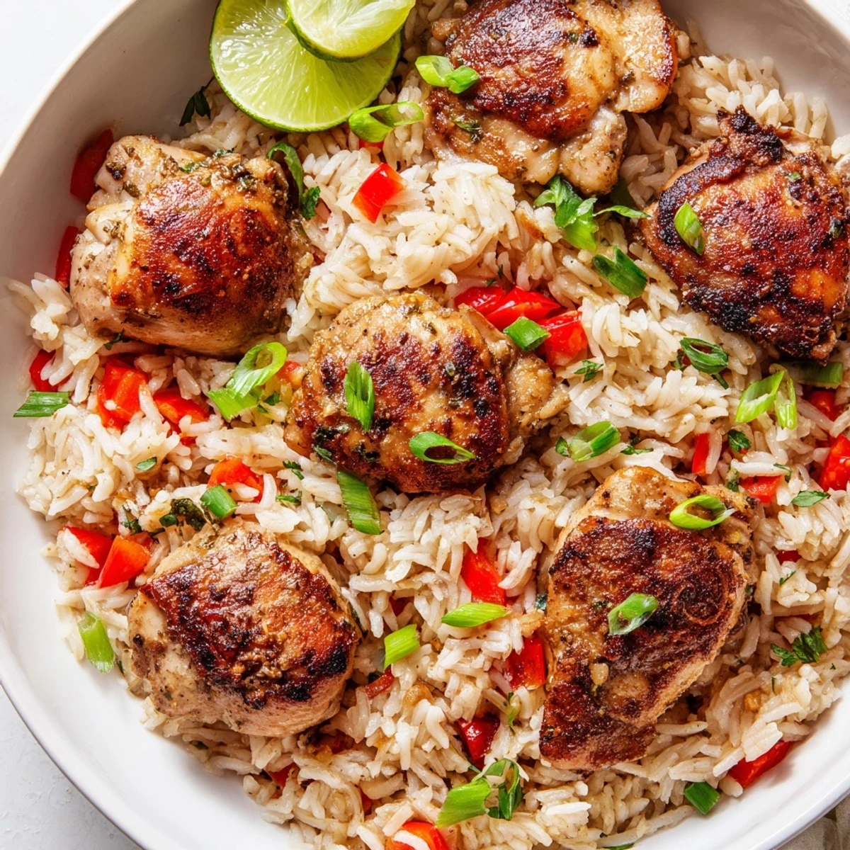 Spicy jerk chicken rice steaming in a skillet with colorful bell peppers and fresh herbs