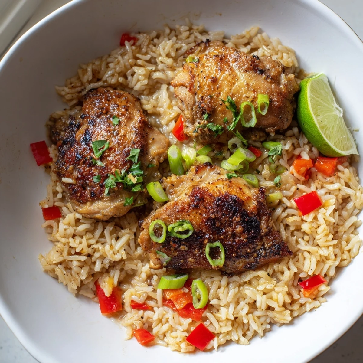 Tender golden jerk-spiced chicken thighs nestled in fragrant coconut rice with scattered spring onions