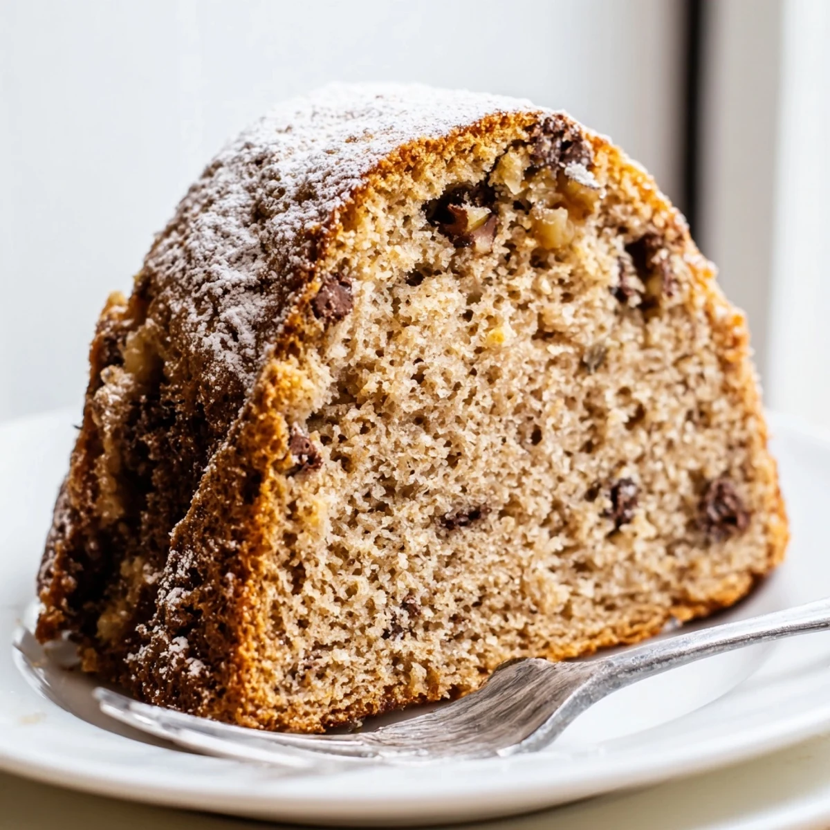 A golden slice of moist banana cake topped with creamy cream cheese frosting