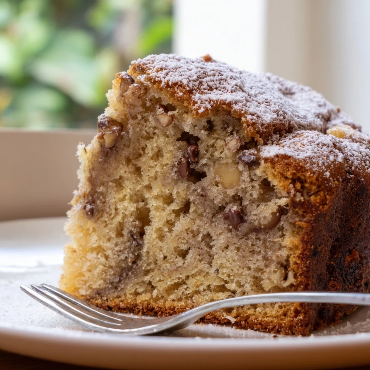 Warm homemade banana cake cooling on a rustic wire rack with crumb edges