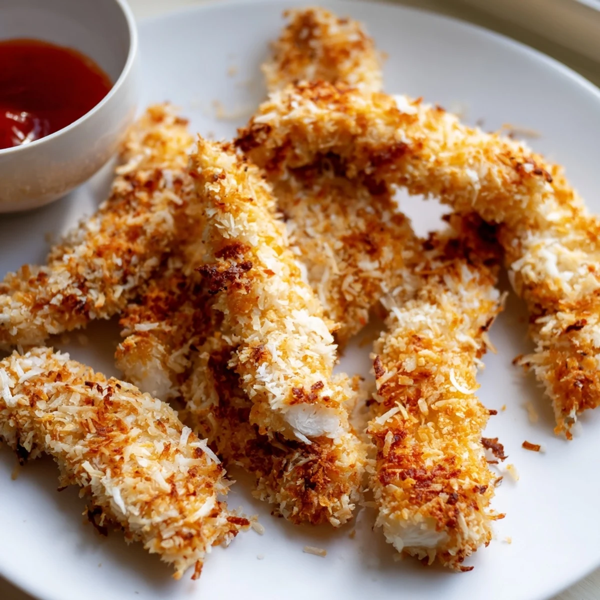 Crispy coconut chicken arranged on a platter alongside mango chutney for dipping