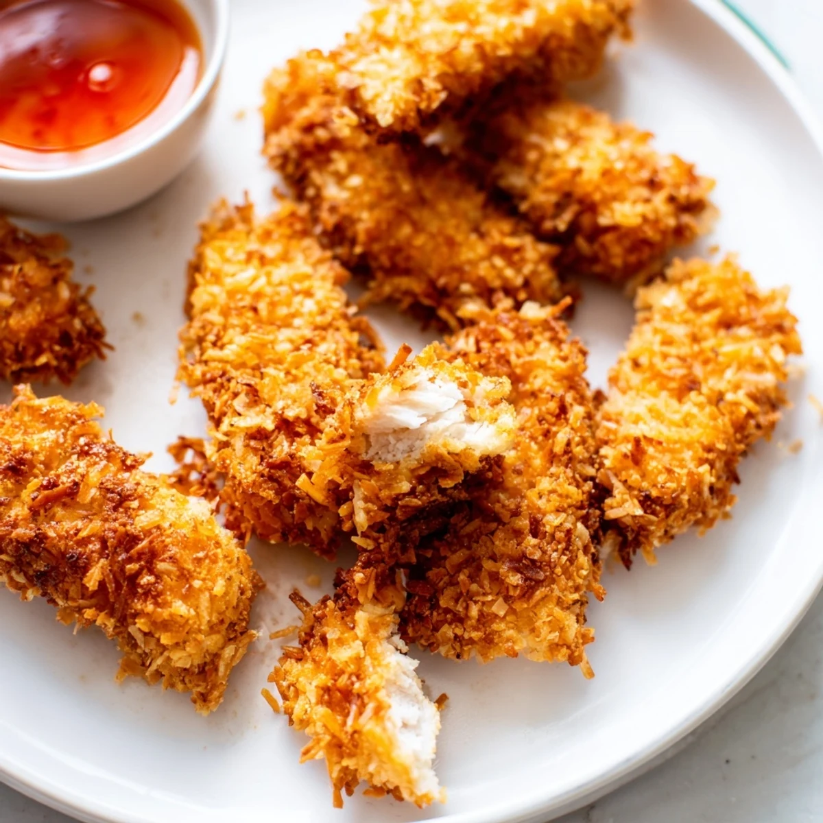 Golden crunchy coconut chicken strips served hot with sweet chili dipping sauce