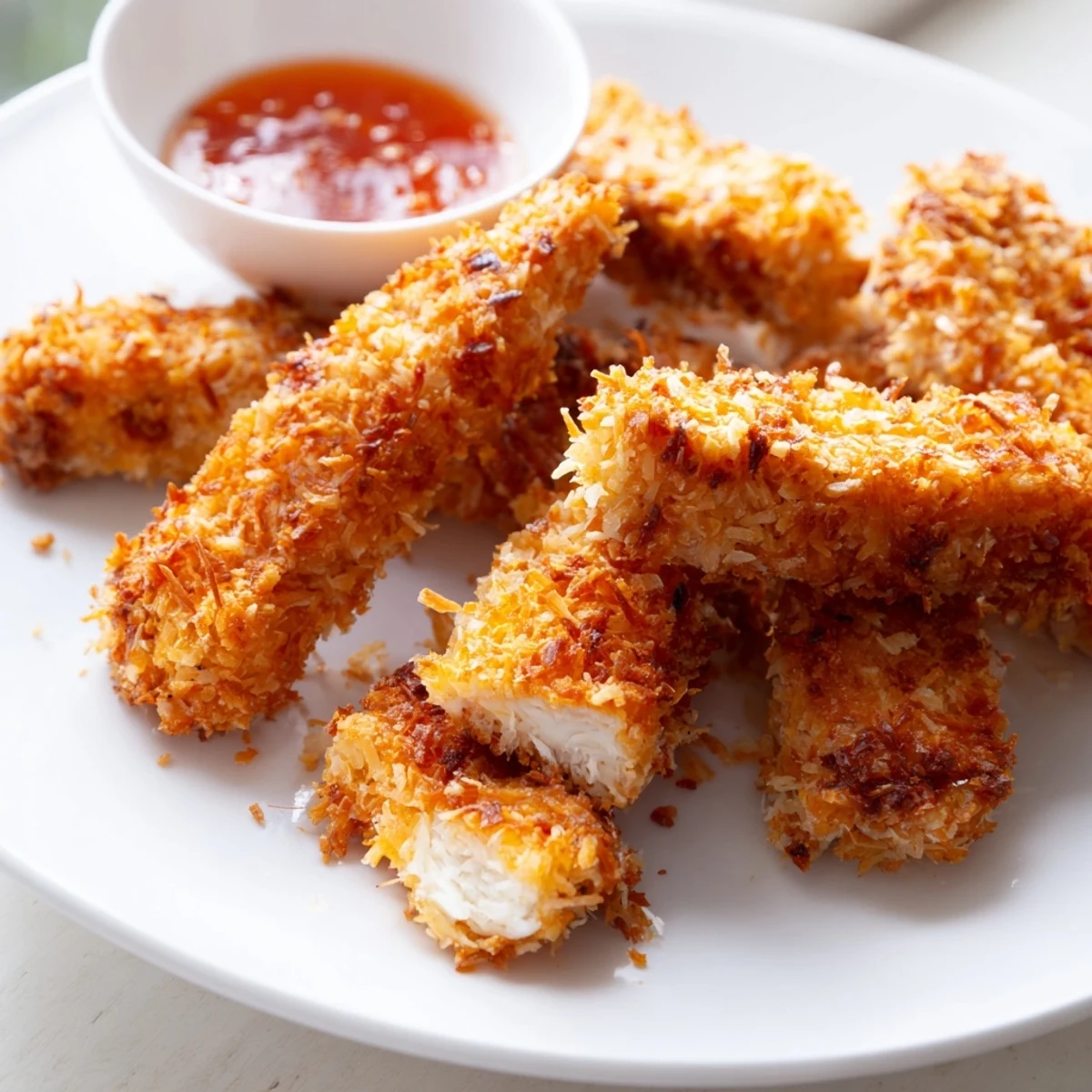 Juicy coconut chicken fresh from the skillet with a shatteringly crisp golden crust