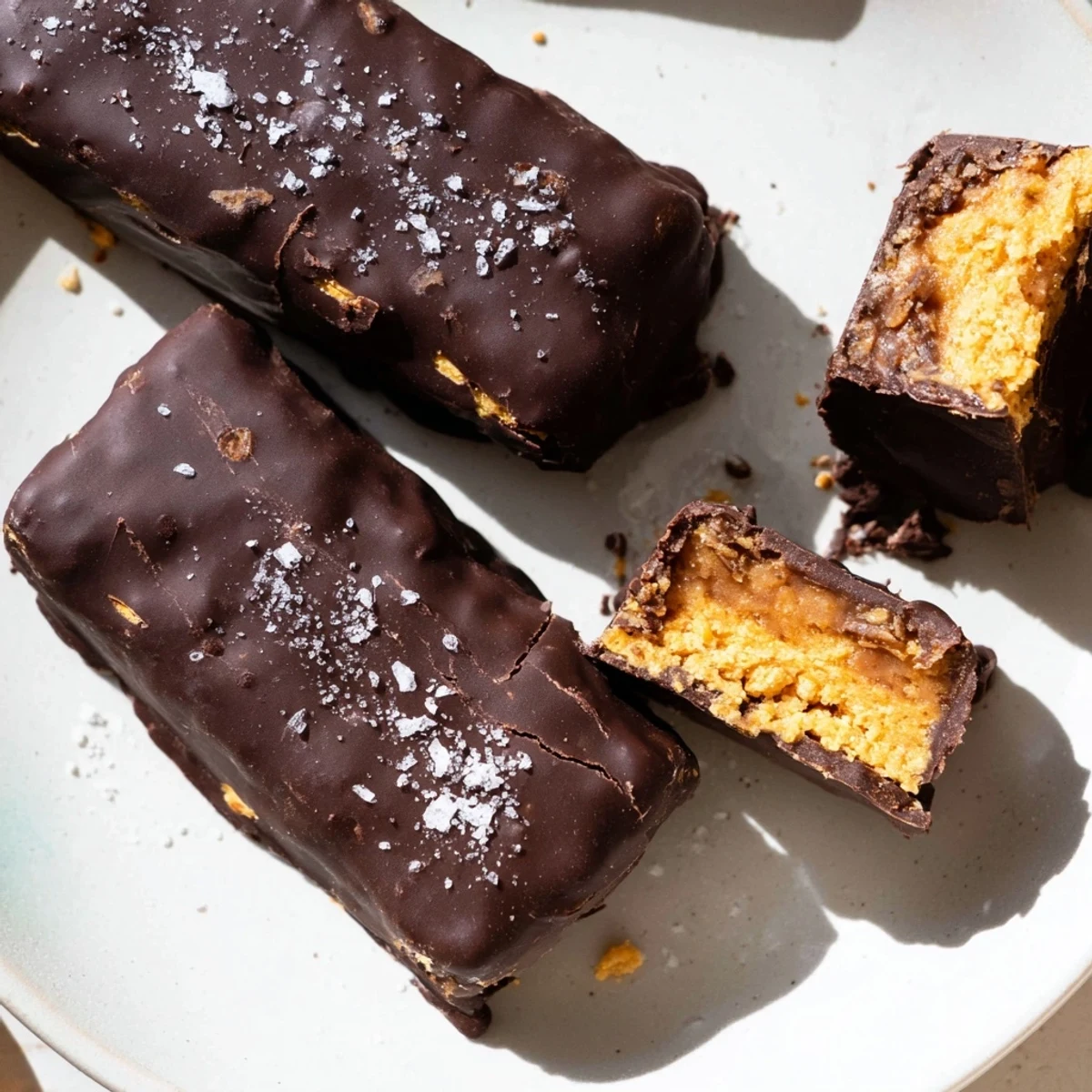 Golden Healthy Homemade Butterfinger bars with a crunchy peanut butter center dipped in dark chocolate.