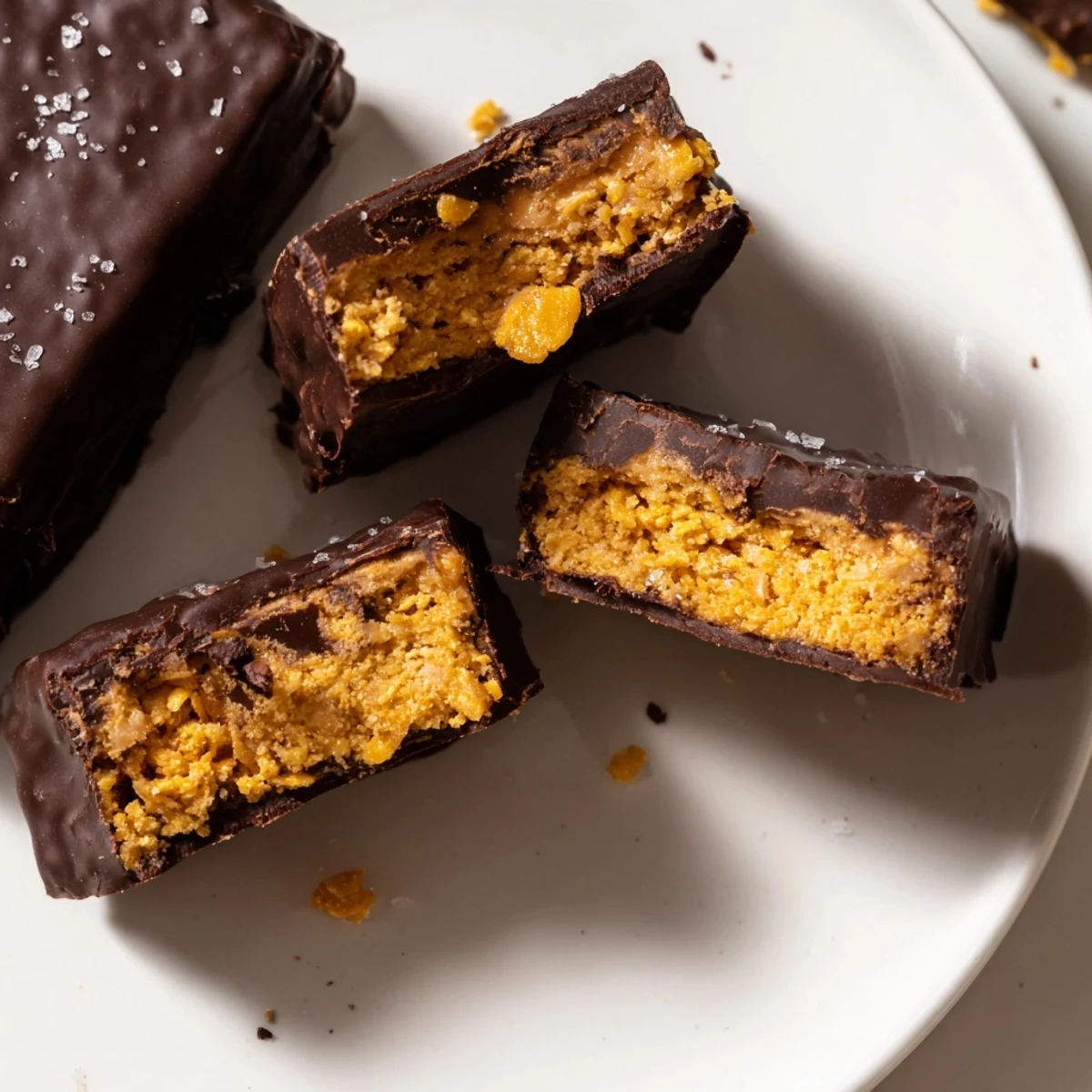 Crispy Healthy Homemade Butterfinger bites drizzled with melted chocolate on a rustic parchment-lined tray.
