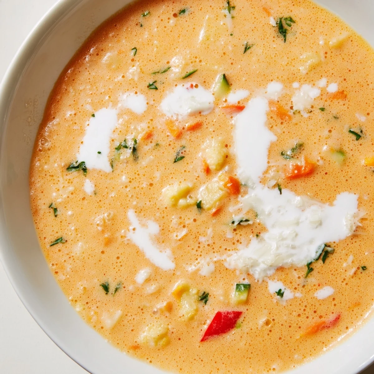 Steaming bowl of creamy vegetable soup topped with fresh parsley and Parmesan