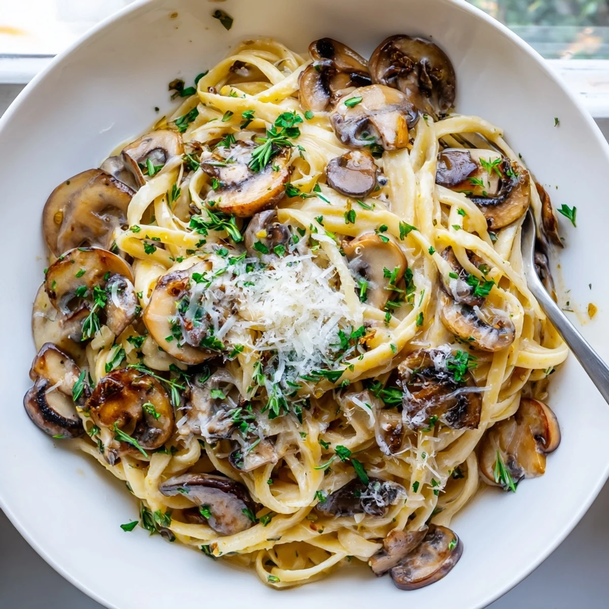 Creamy brown butter mushroom pasta topped with fresh herbs and shaved Parmigiano Reggiano