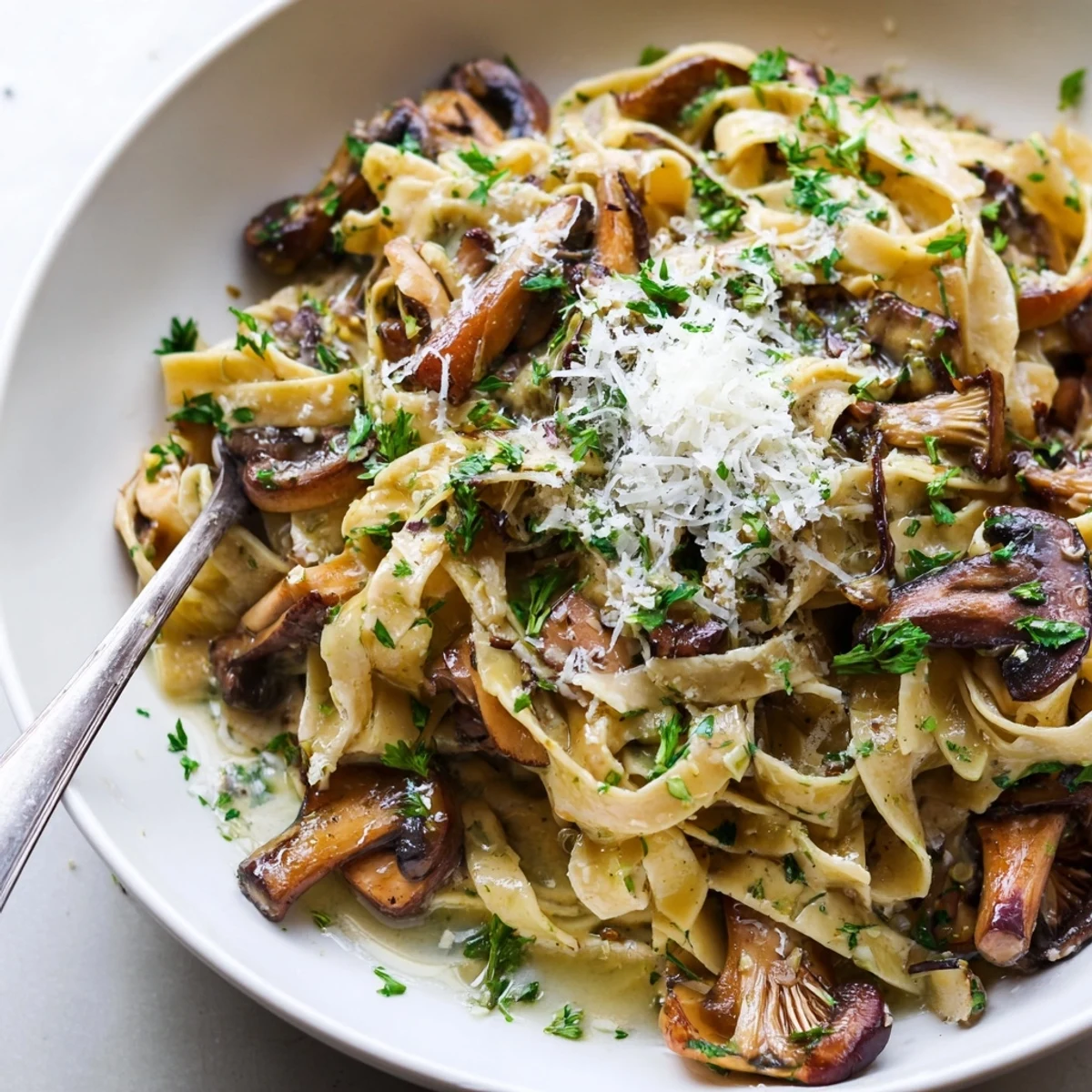 Creamy brown butter mushroom pasta served in a white bowl with crusty bread