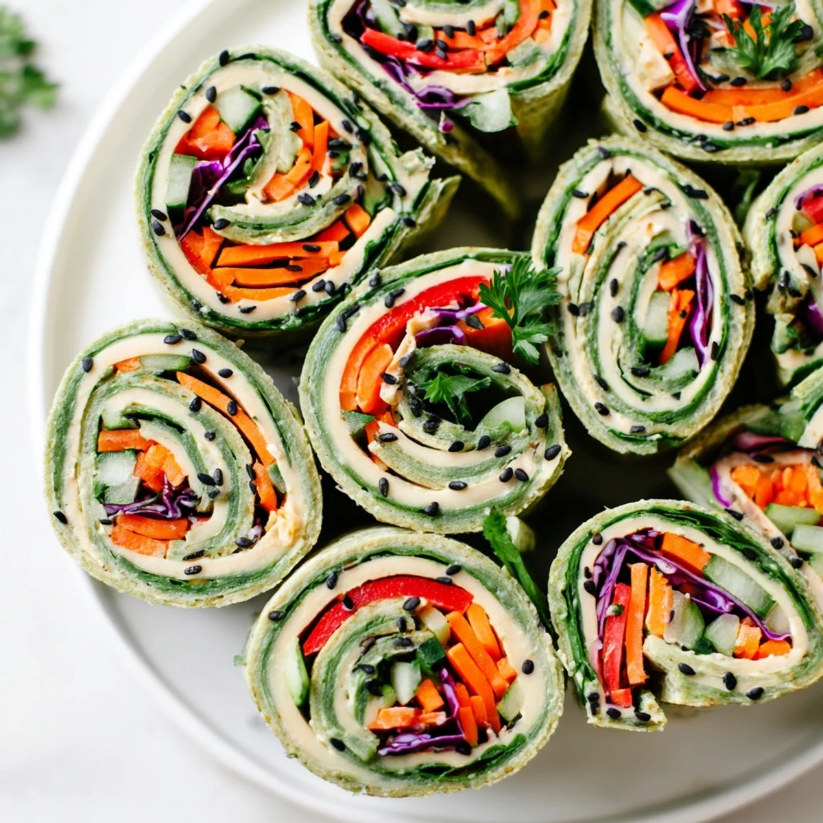 Colorful fresh vegan picnic hummus veggie pinwheels sliced and arranged on a platter