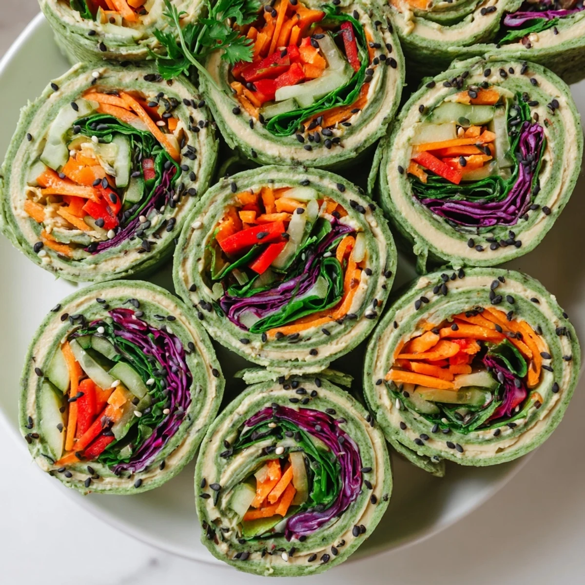 Creamy hummus and crisp vegetables rolled tightly inside fresh vegan picnic pinwheels