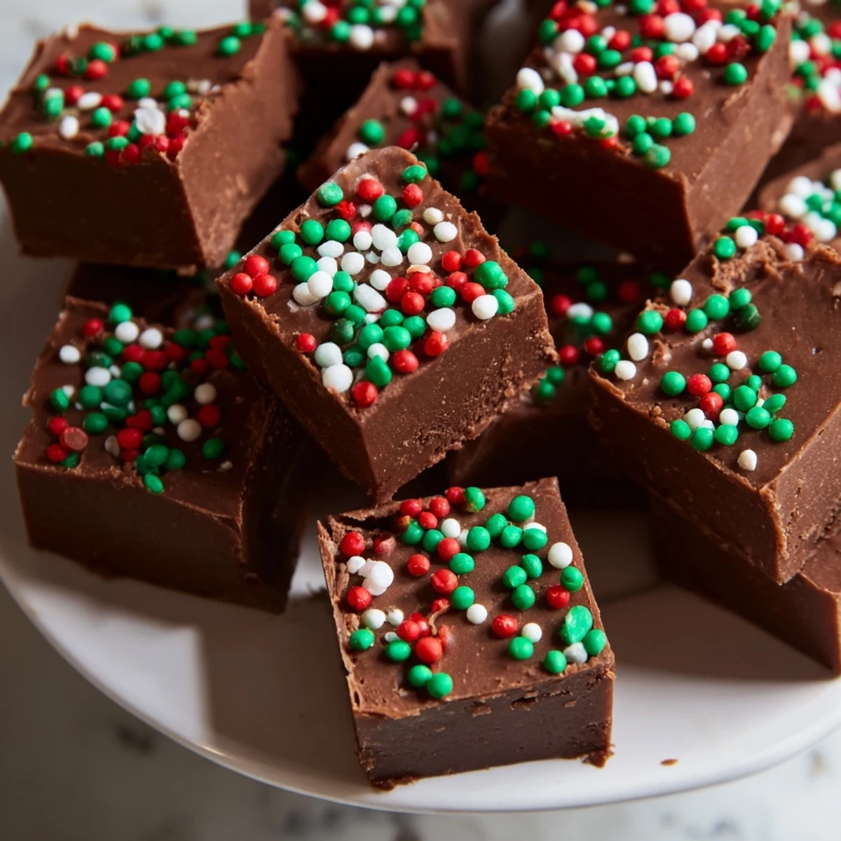 Creamy Christmas fudge with sprinkles cut into neat squares on a holiday platter