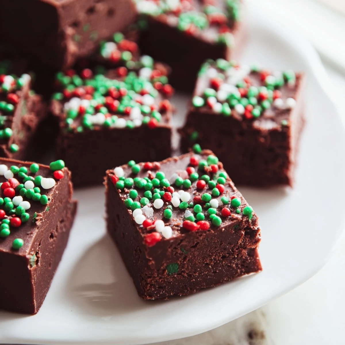 Rich chocolate Christmas fudge with sprinkles garnished on a festive serving board