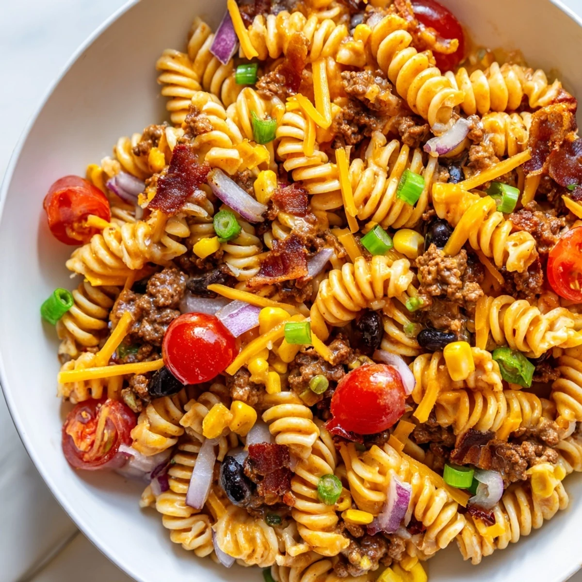 Tangy BBQ ranch cowboy pasta salad garnished with fresh cherry tomatoes and crisp bacon