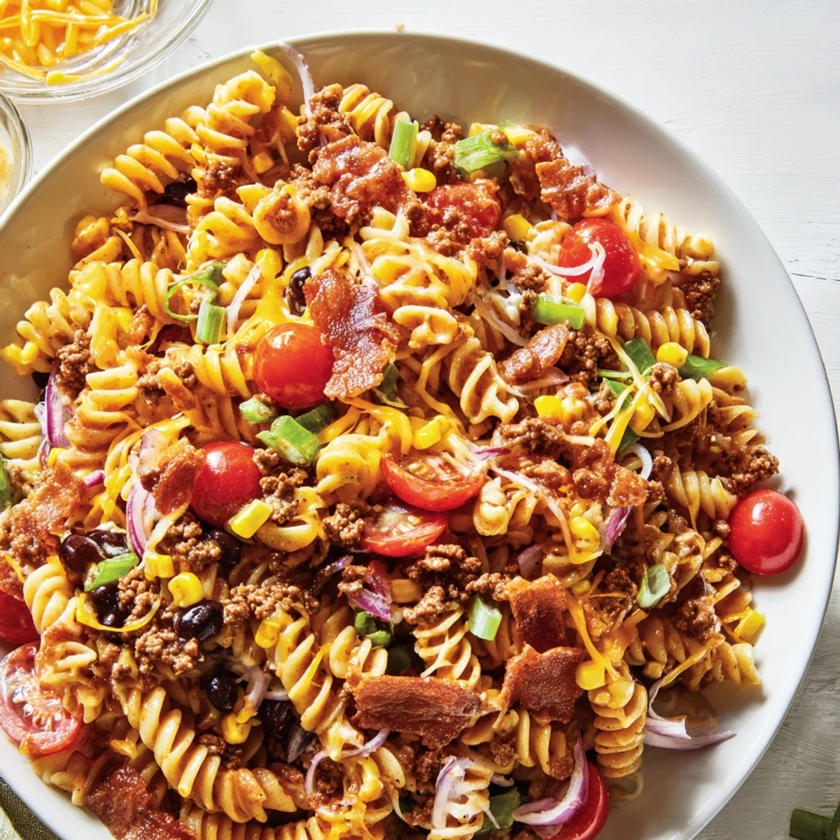 Creamy cowboy pasta salad loaded with smoky bacon, beef, and cheddar in a rustic bowl