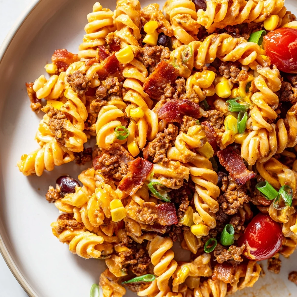 Hearty cowboy pasta salad tossed with seasoned ground beef, black beans, and melted cheddar