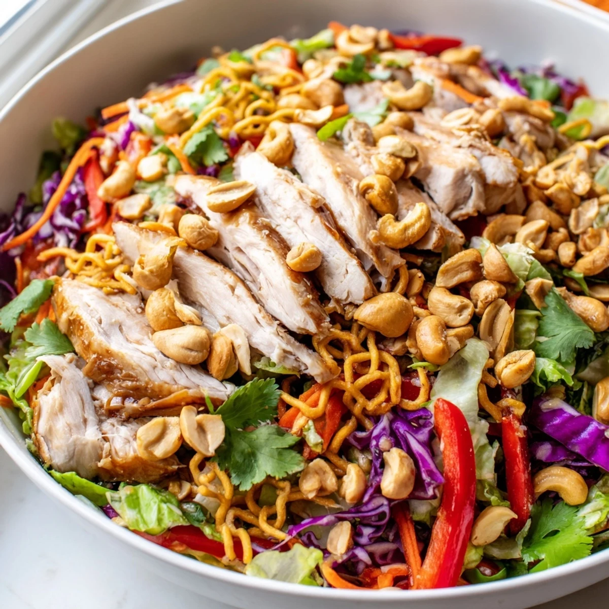 Colorful chicken cashew crunch salad tossed with crisp veggies and tangy sesame dressing