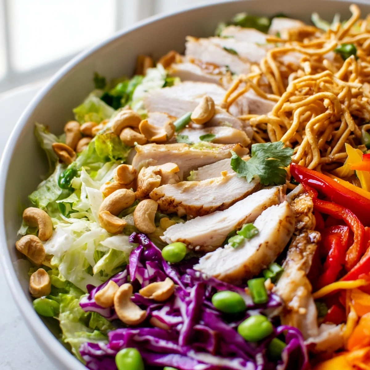 Golden roasted cashews scattered over a fresh chicken cashew crunch salad in a wide bowl