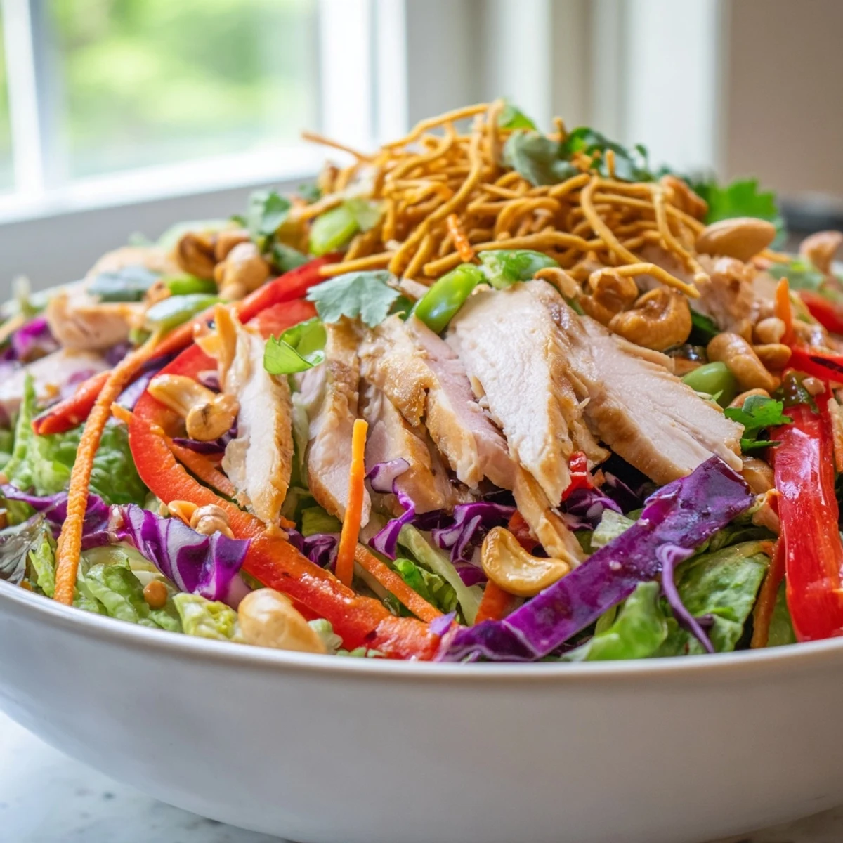 Sliced juicy chicken atop a vibrant chicken cashew crunch salad garnished with cilantro and green onions