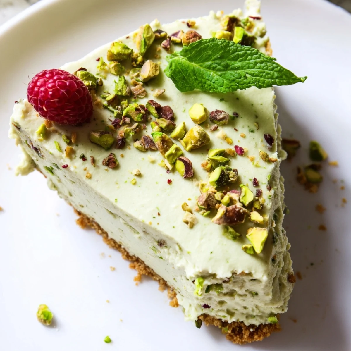 Creamy no bake pistachio cheesecake slice topped with crushed pistachios on a buttery graham cracker crust