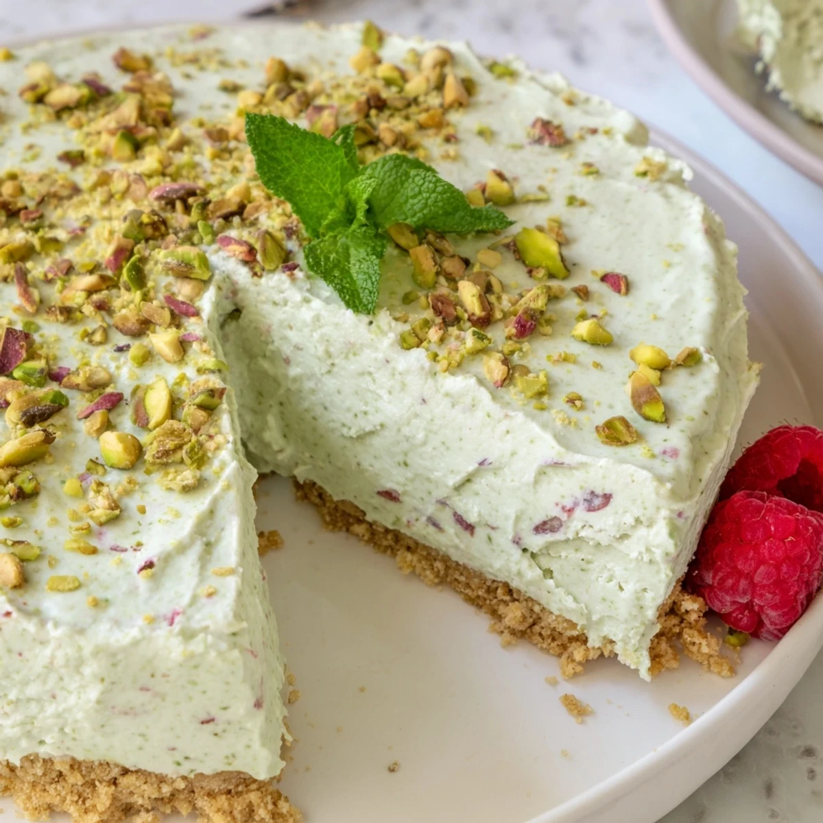 Smooth green no bake pistachio cheesecake garnished with fresh berries and mint leaves