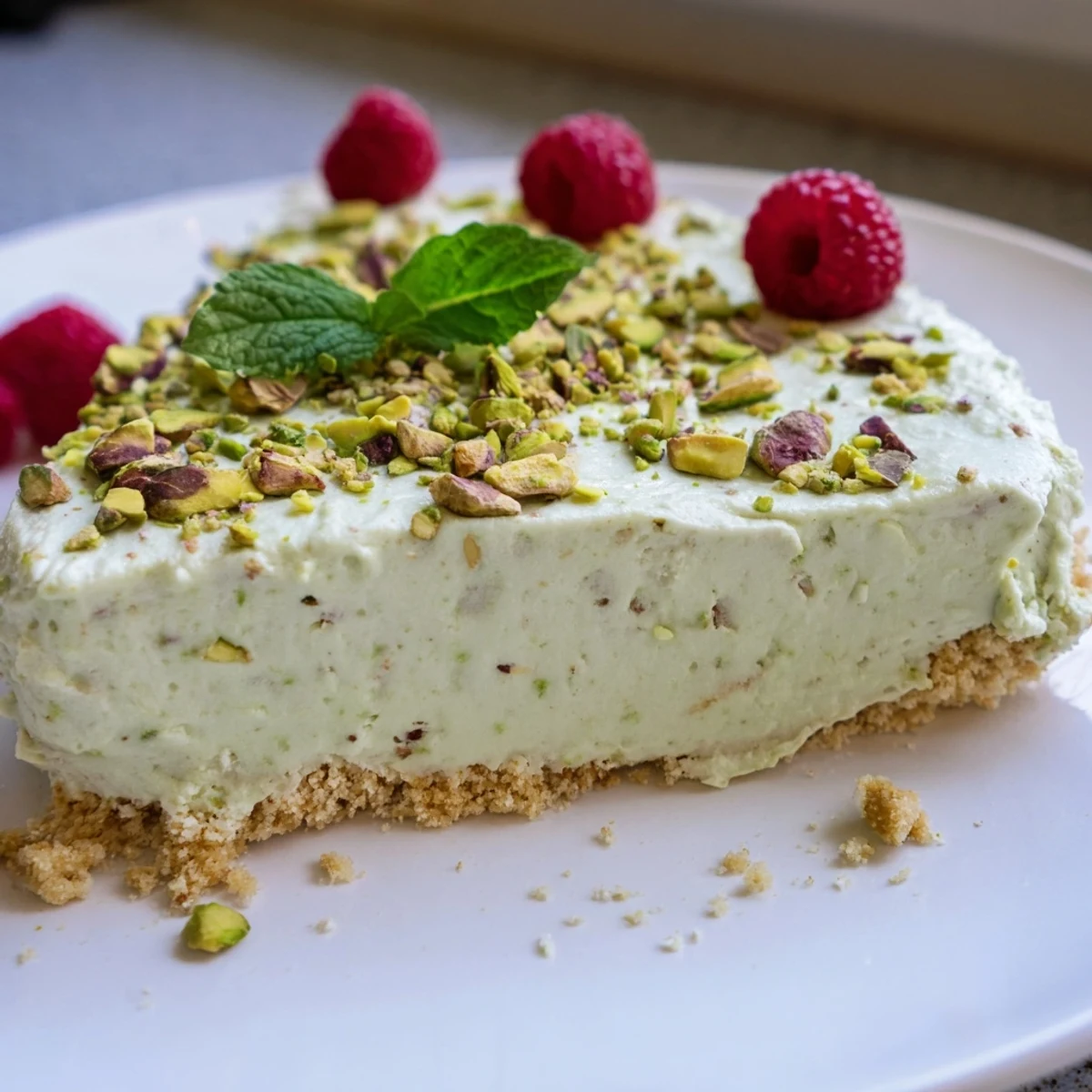 Velvety no bake pistachio cheesecake with a golden biscuit base dusted with chopped nuts