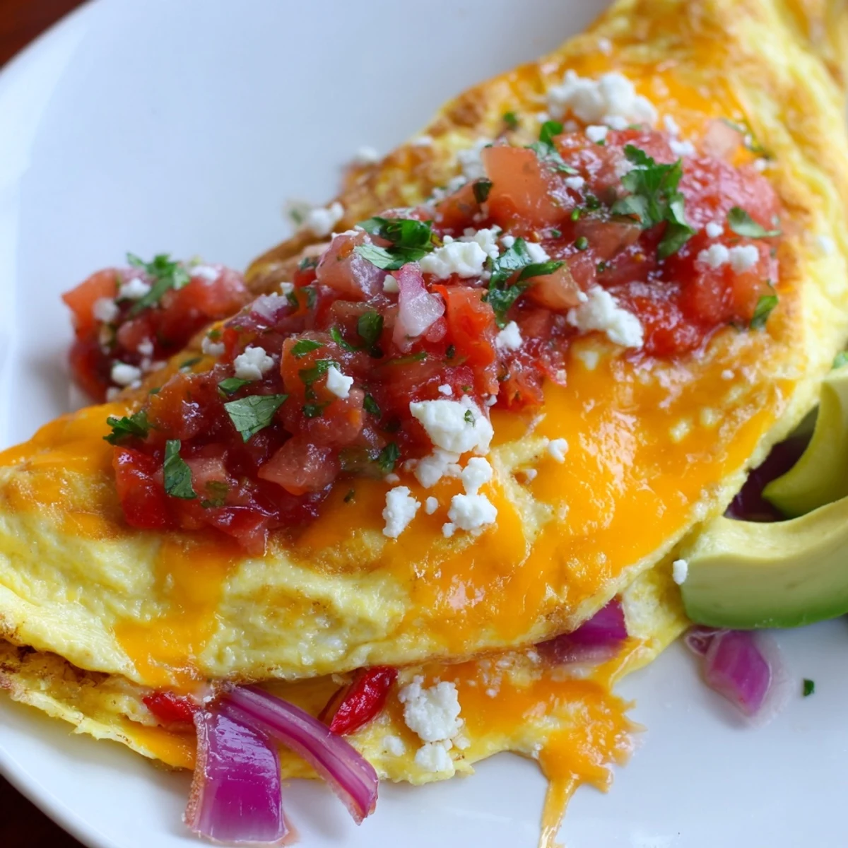 Golden Mexican omelette folded with melted cheddar, fresh salsa, and creamy avocado slices.