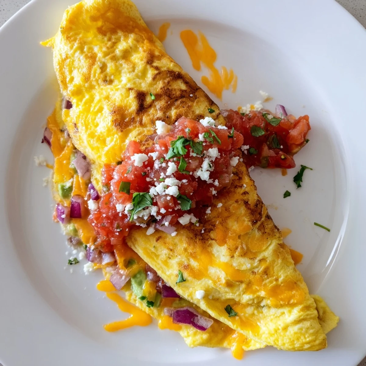 Vibrant Mexican omelette topped with cilantro, jalapeño, and queso fresco on a white plate.
