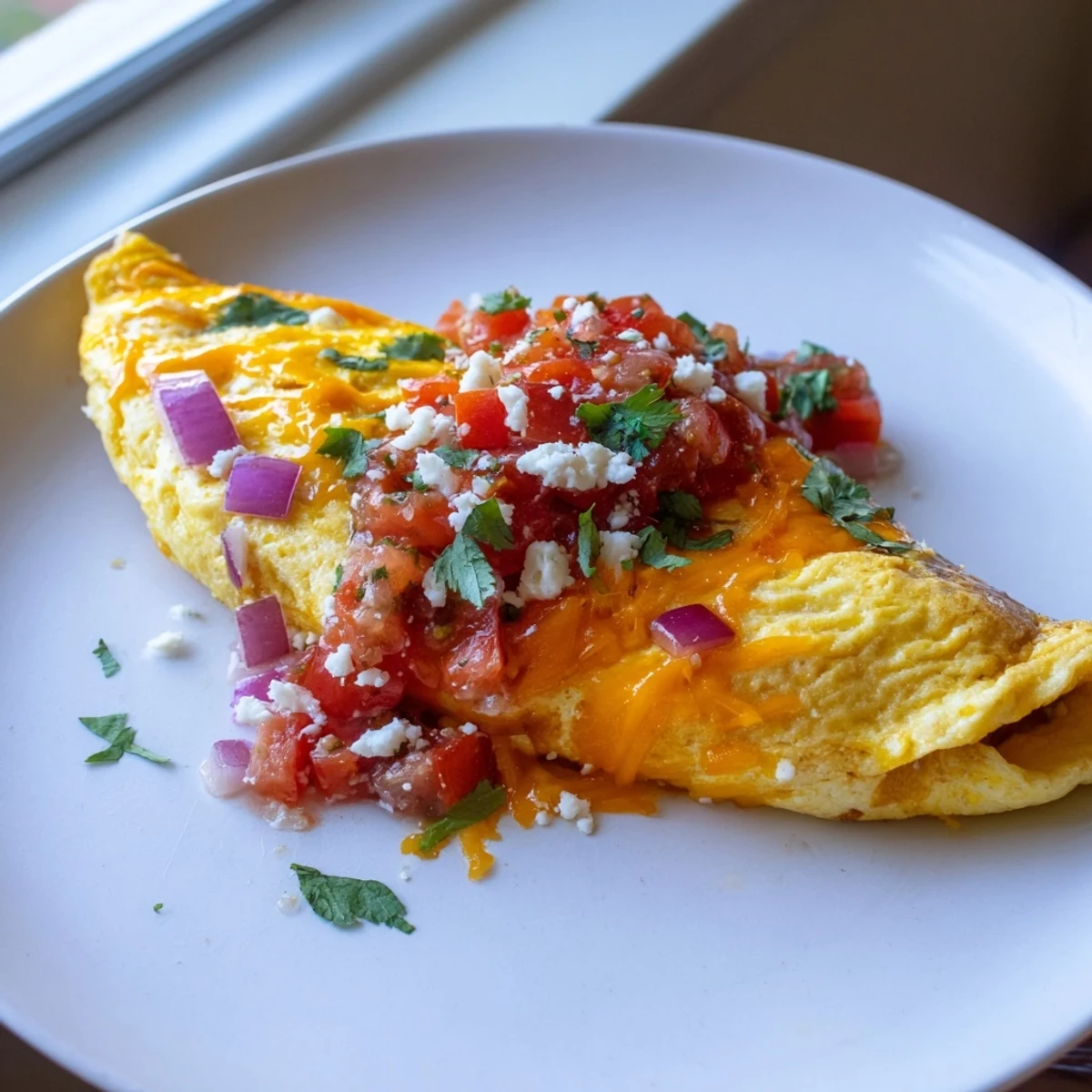 Steaming Mexican omelette stuffed with sautéed bell peppers, onions, and melted cheese, served with lime wedges.