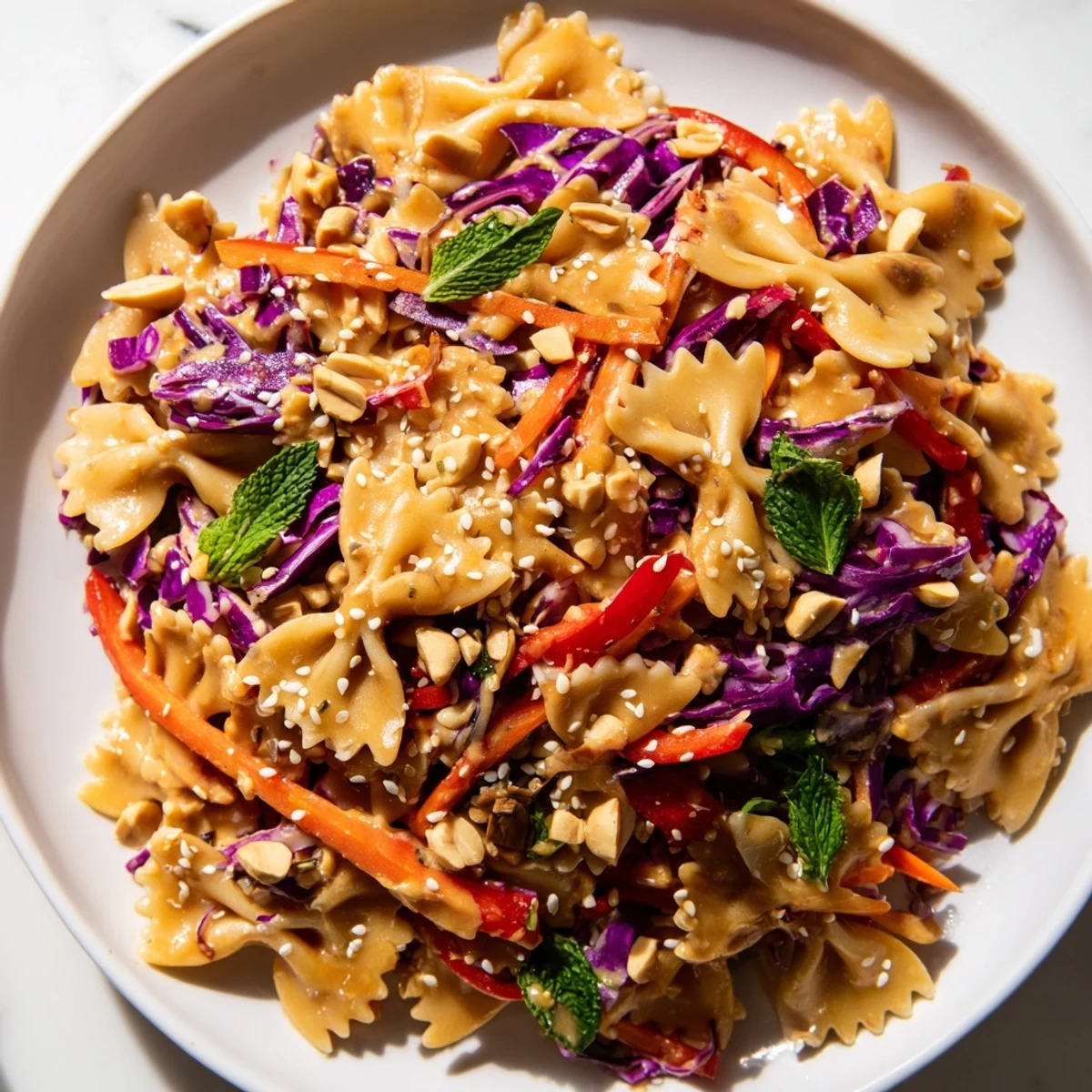 Colorful Spicy Thai Pasta Salad topped with crushed peanuts and fresh herbs