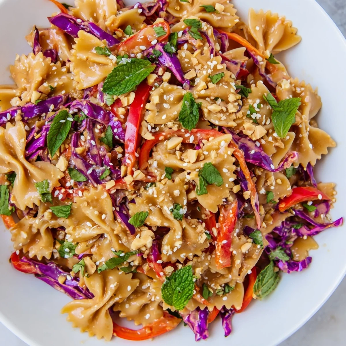 Vibrant Spicy Thai Pasta Salad with shredded cabbage, carrots, and a squeeze of lime