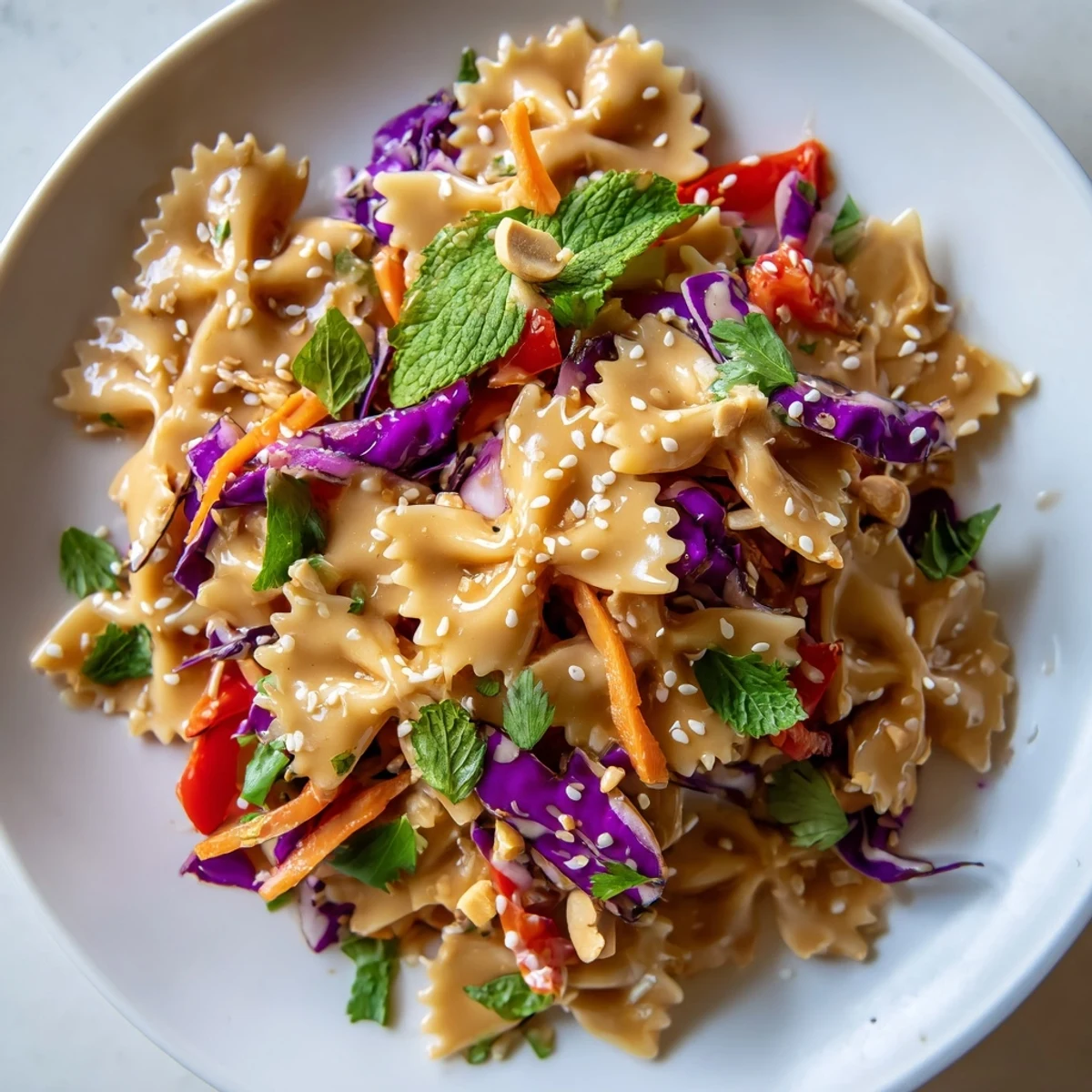 Spicy Thai Pasta Salad in a bowl with crisp vegetables and creamy peanut dressing
