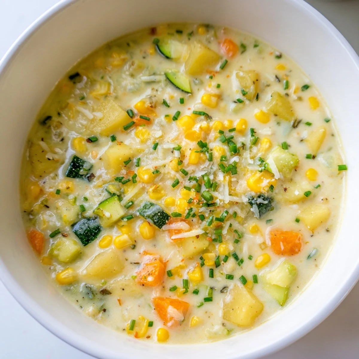 Creamy summer corn zucchini chowder ladled into a rustic bowl with fresh herb garnish