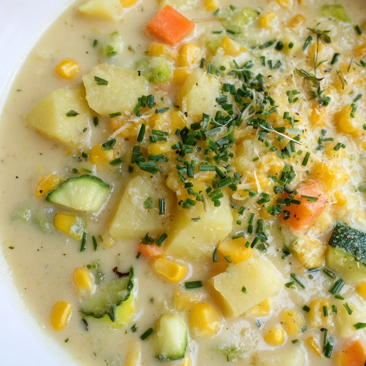 Golden summer corn zucchini chowder topped with chopped chives and crusty bread alongside
