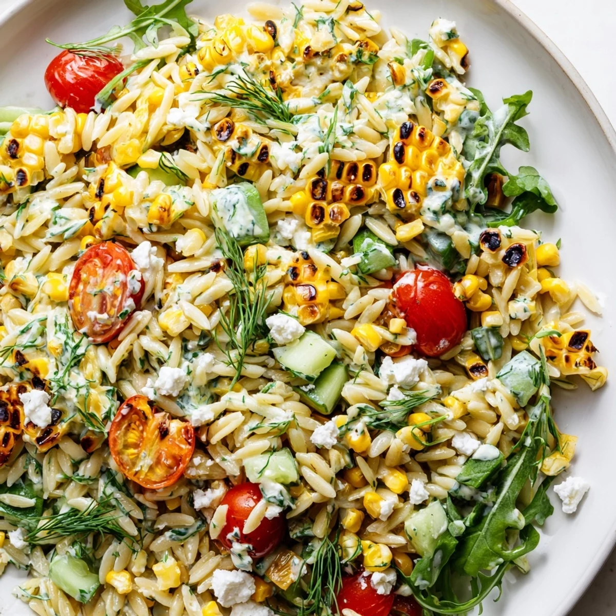 Grilled corn orzo salad topped with crumbled feta and fresh dill