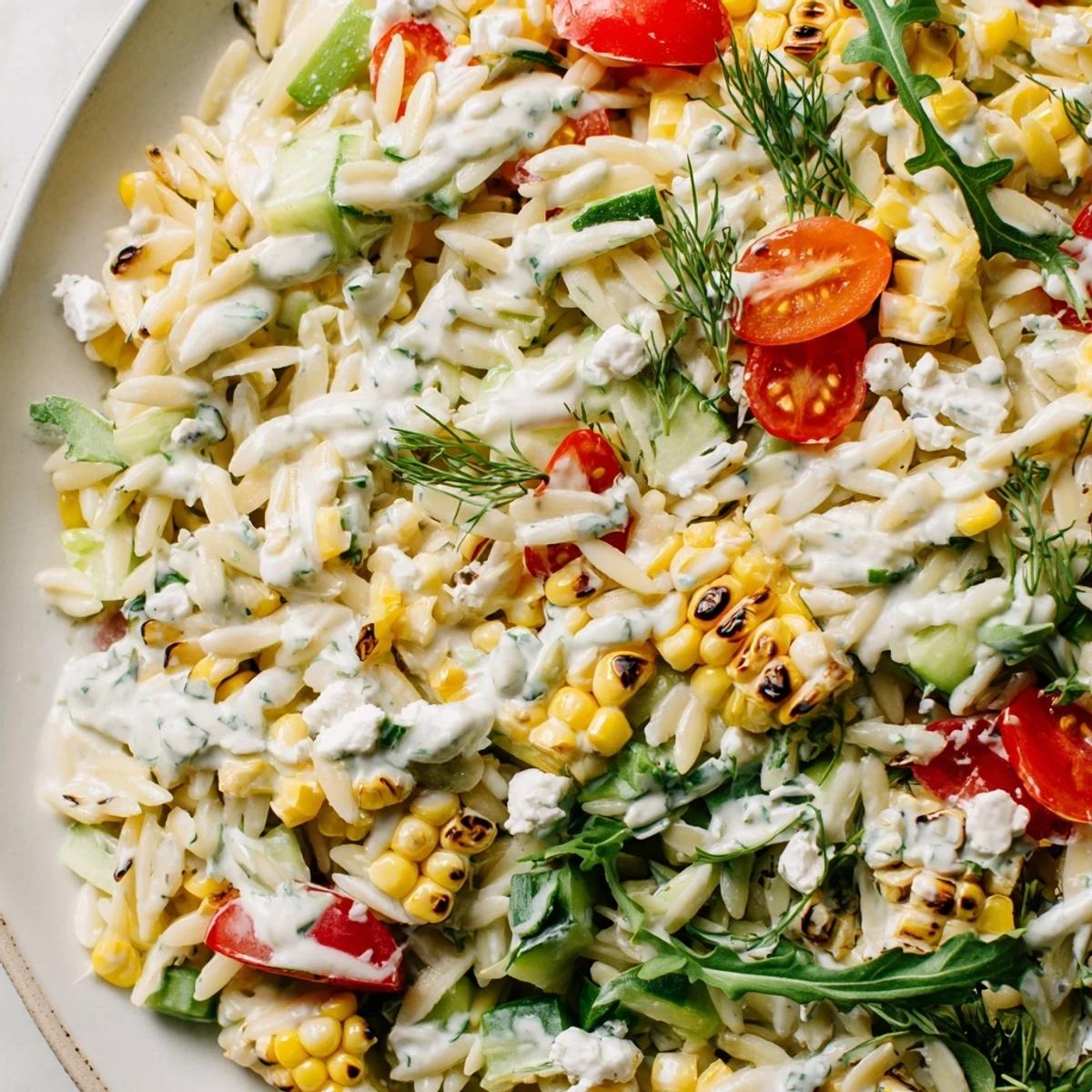 Smoky grilled corn kernels tossed with orzo in a bright herb dressing