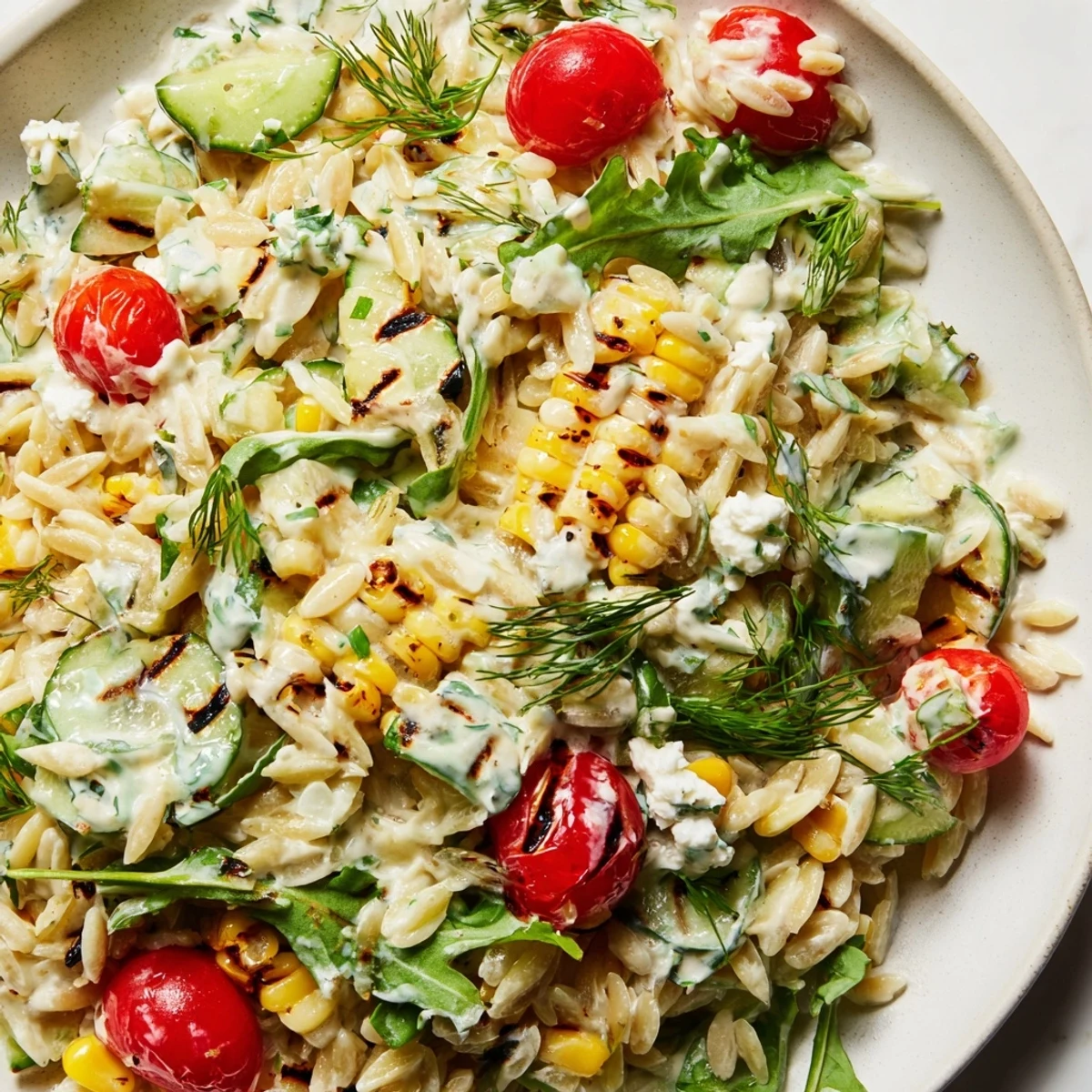 Vibrant grilled corn orzo salad served in a rustic wooden bowl