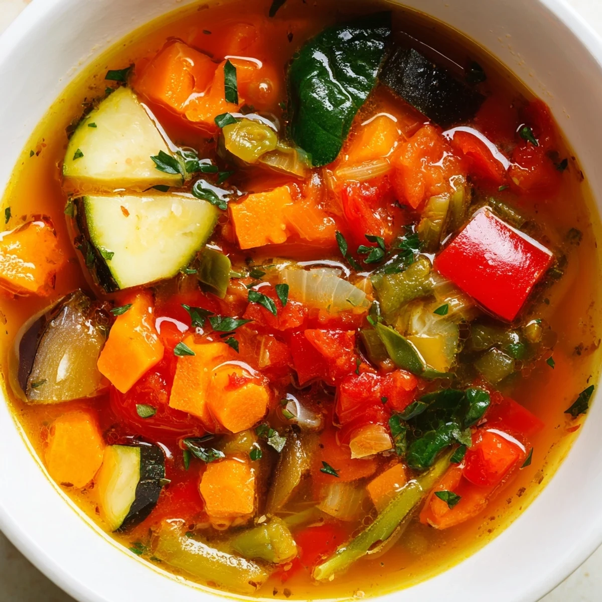Colorful Mediterranean Soup brimming with tender vegetables in a rich herb broth