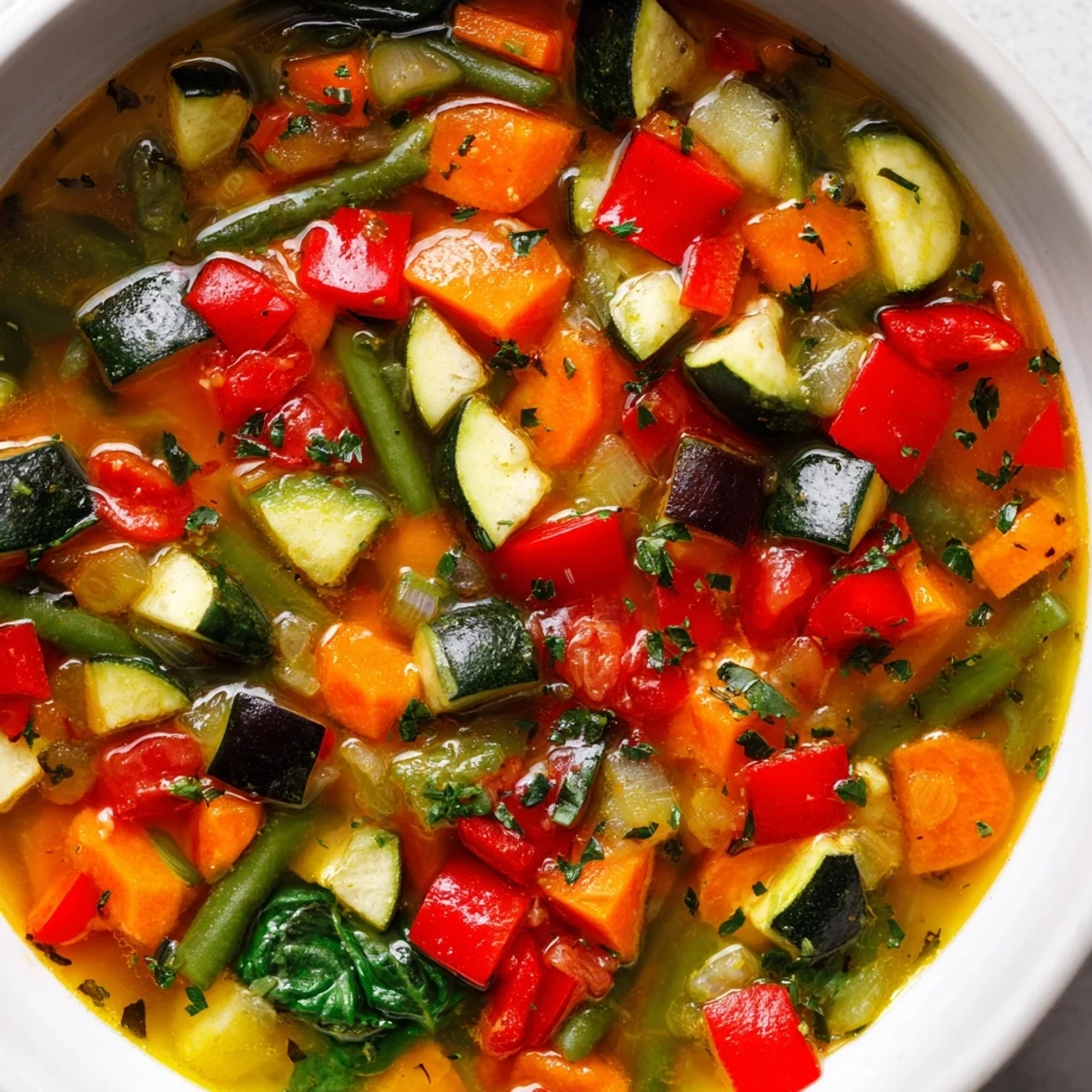 Steaming bowl of Mediterranean Soup topped with fresh parsley and lemon wedge