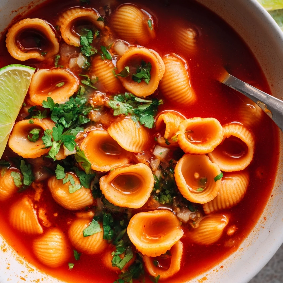 Golden shell pasta swimming in a rich red tomato broth