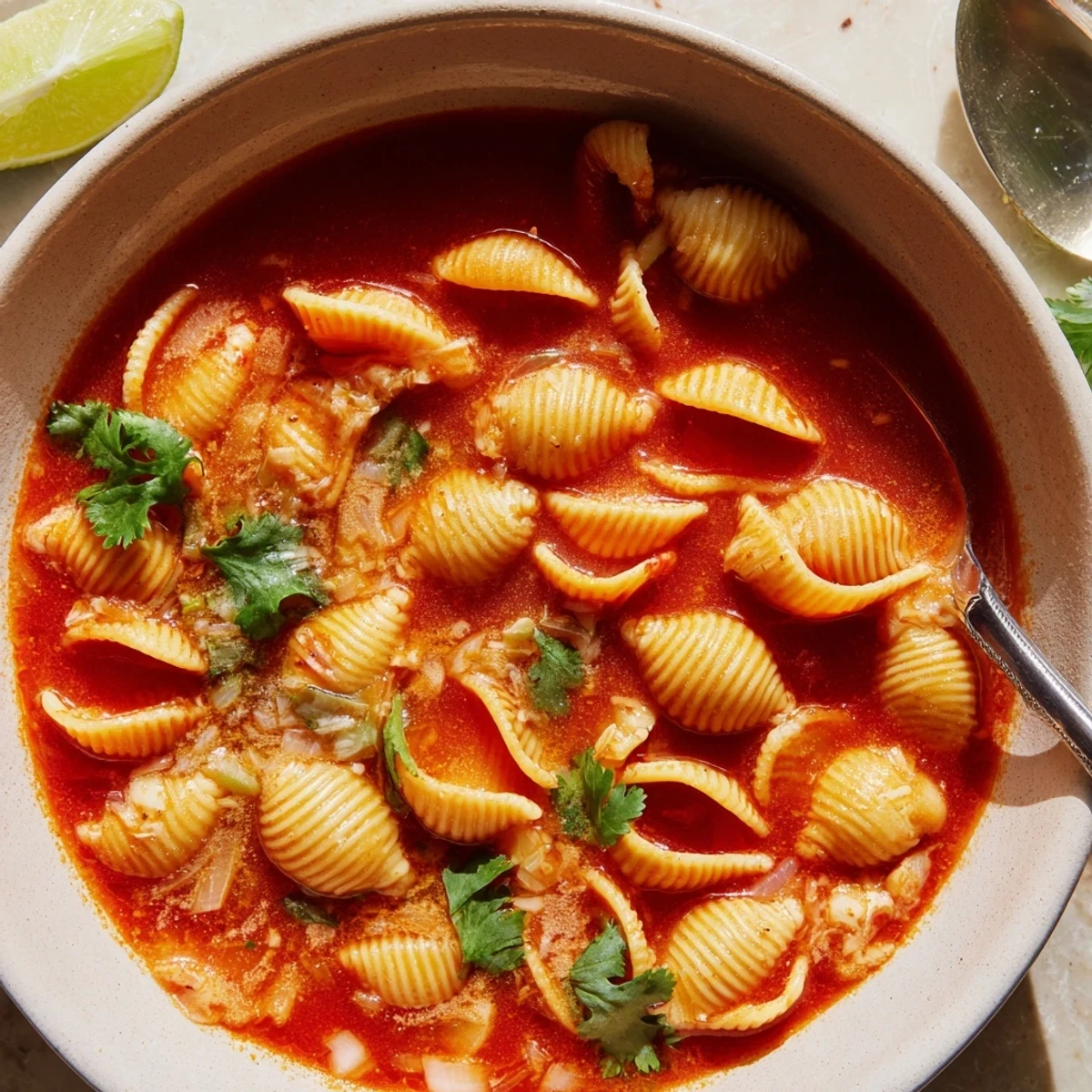 Steaming bowl of Sopa de Conchas topped with fresh cilantro and lime wedges