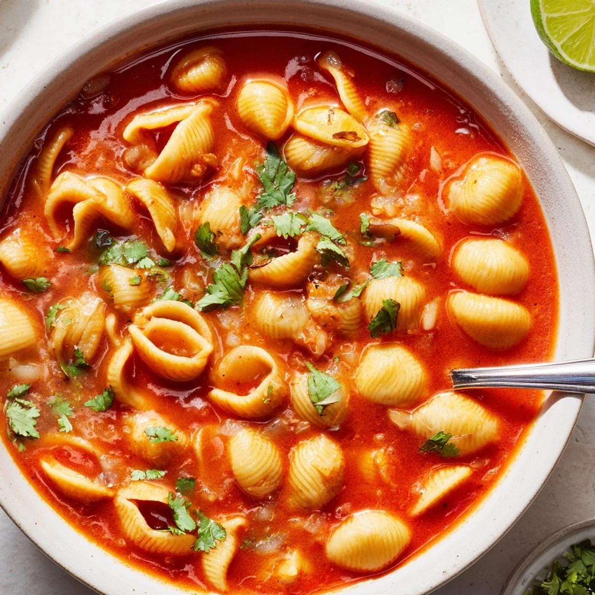A comforting Sopa de Conchas garnished with chopped cilantro in a white bowl