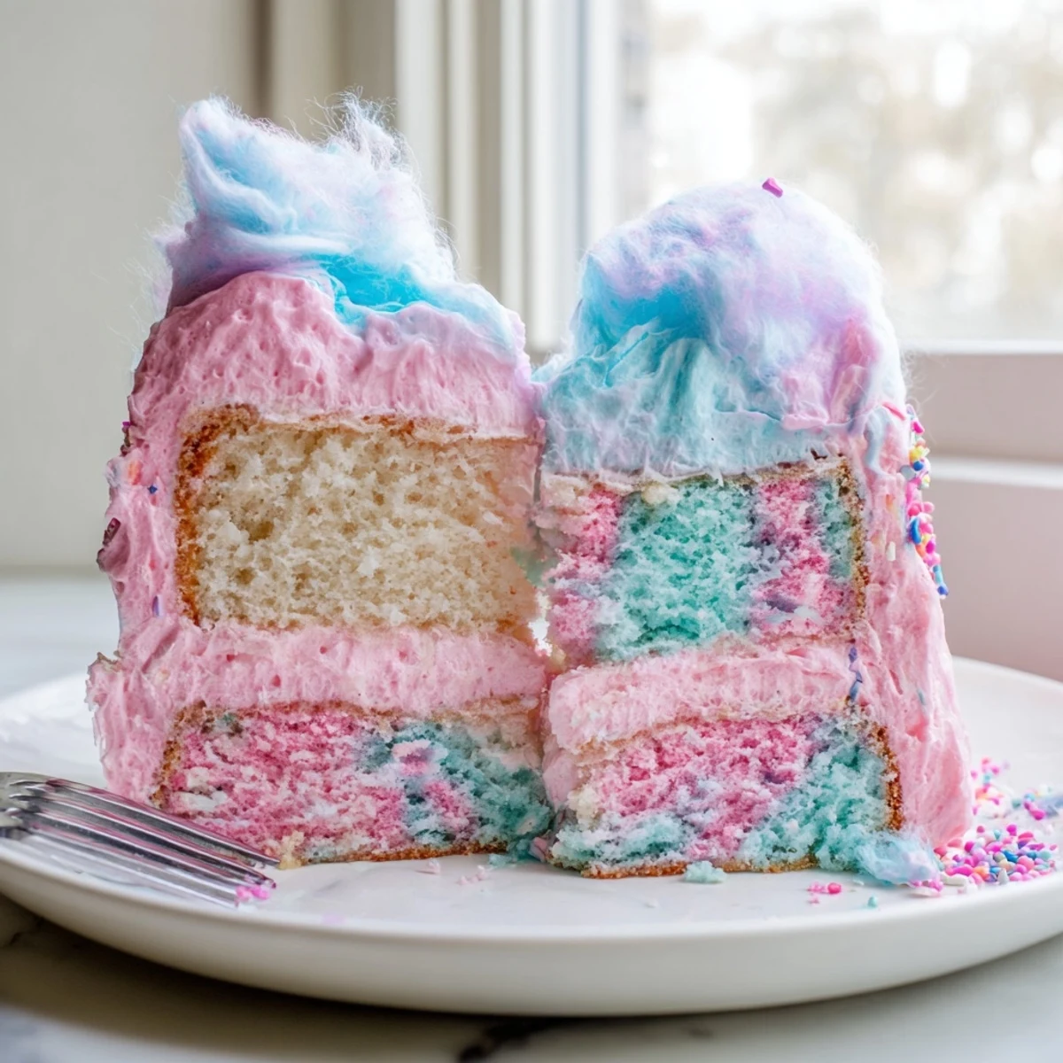 A pastel pink and blue cotton candy cake adorned with fluffy spun sugar clouds