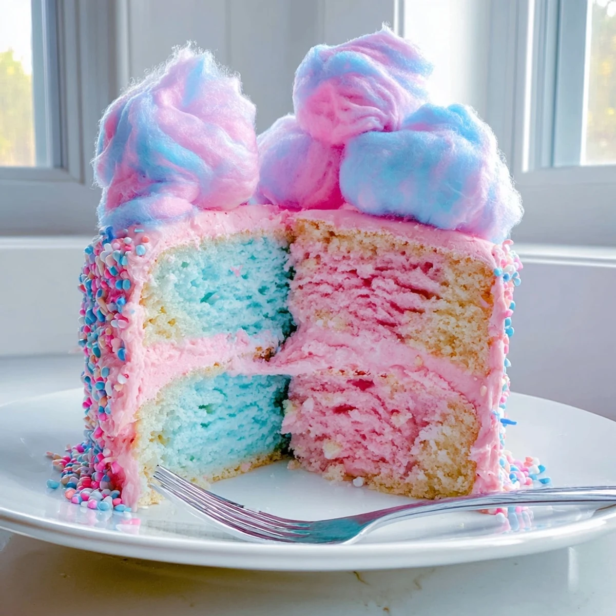A slice of cotton candy cake showing swirled pink and blue buttercream layers on a plate