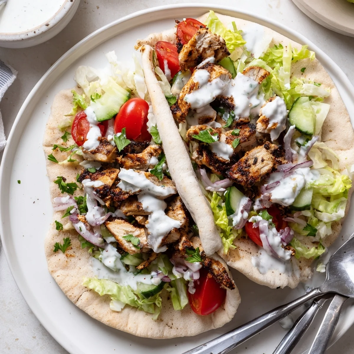 Juicy Flavor Packed Chicken Pitas with crisp veggies and creamy yogurt sauce